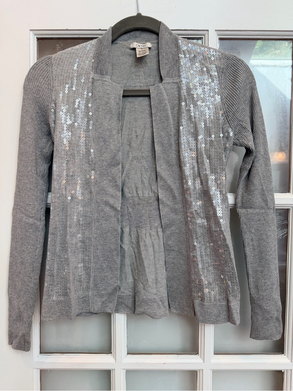 Vintage Cache Y2K Grey Sequin Open Front Women's Knit Sweater Cardigan Size XS